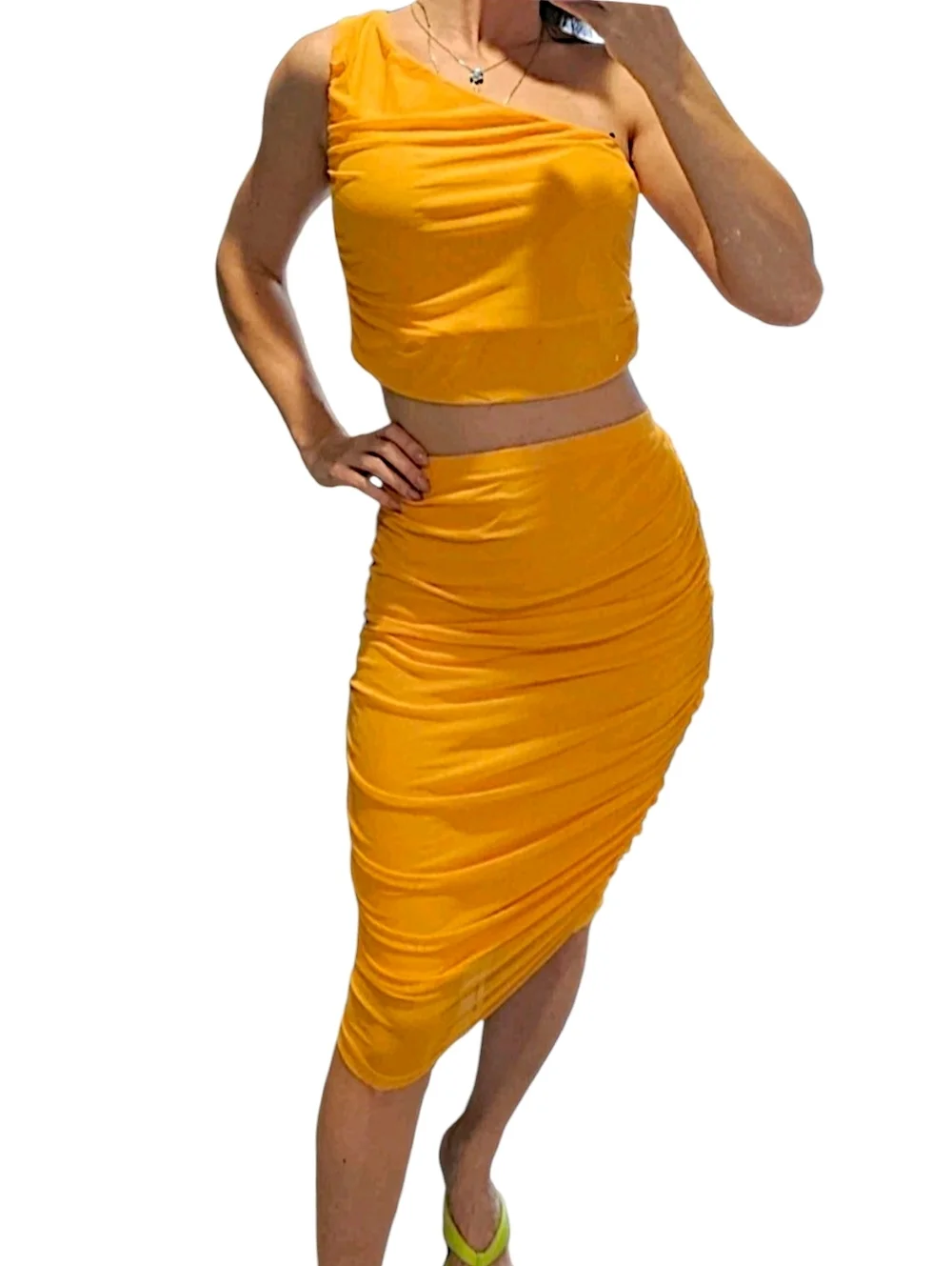 House of Harlow 1960 Yellow One-Shoulder Ruched Midi Skirt